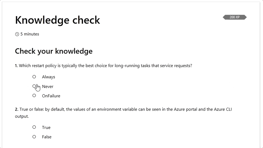 Animated GIF of a Knowledge Check page, which is showing the user completing a multiple choice test and clicking a Check your Answers button.