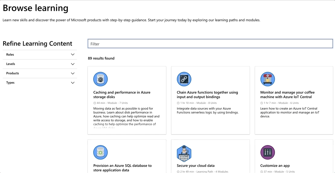 Animated GIF showing the Microsoft Learn browser page, and how to use the Refine Learning Content filters by selecting checkboxed items.