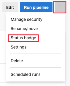 Screenshot of Azure Pipelines showing the options menu to set the build badge.