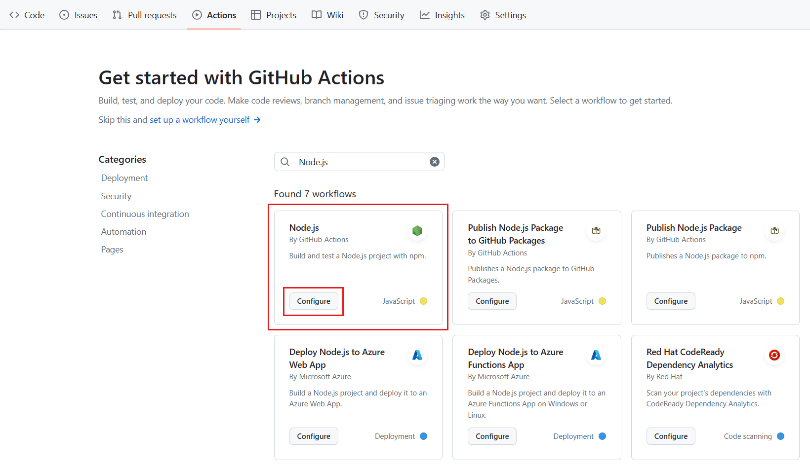 Screenshot that shows the GitHub Actions tab with the Node.js pane highlighted and the Configure button selected.