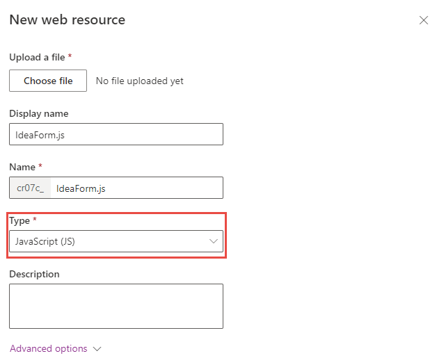 Screenshot showing the add web resource dialog with Type of Script selected.