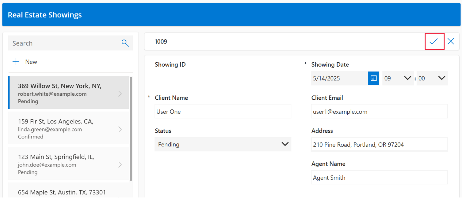 Screenshot of the completed form, showing the check mark that you select to save your changes.
