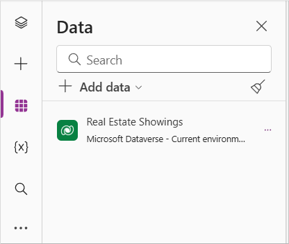Screenshot of the Dataverse table called Properties in the Data panel of Power Apps Studio.