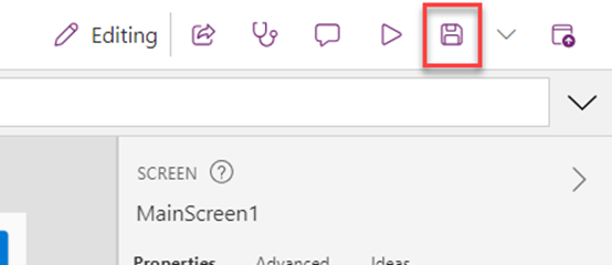 Screenshot of the Save button in Power Apps Studio.