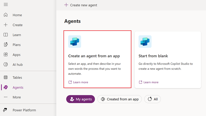 Screenshot of creating an agent from an app.