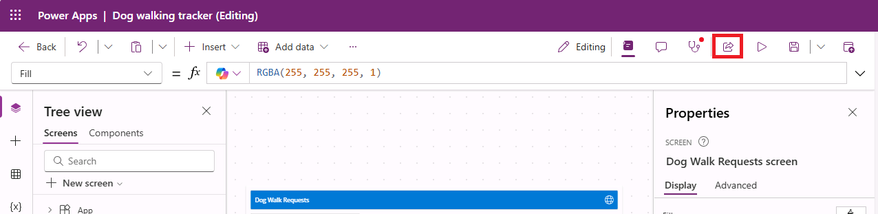 Screenshot of Share icon on app edit screen.