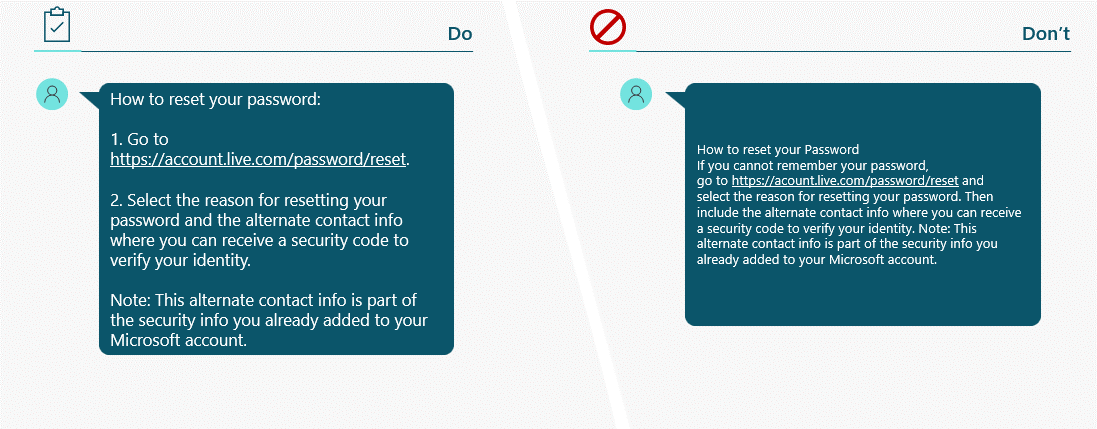 Screenshot of Do and Don't examples with the Do showing how to break down items into easy to consume chunks.