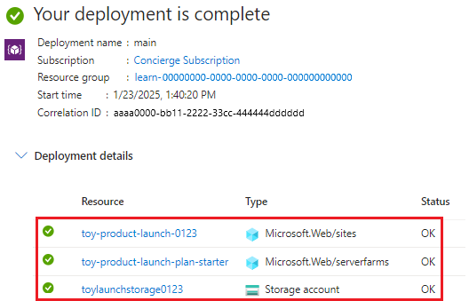 Screenshot that shows the Azure portal interface for the specific deployment, with storage account and App Service resources listed.