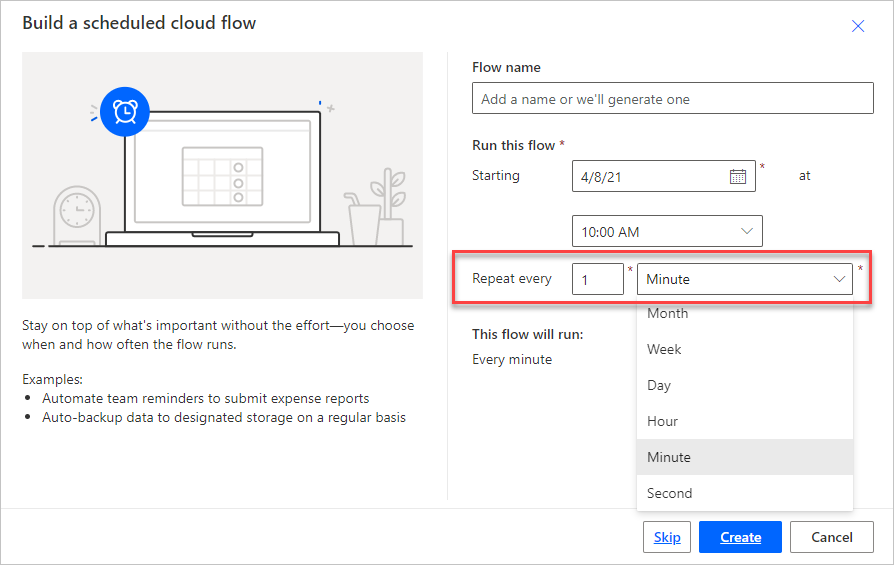 Screenshot of the Build a scheduled cloud flow dialog box.