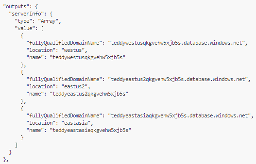 Screenshot of the deployment output, displaying the properties of the logical servers.