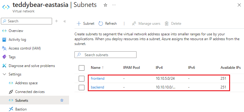 Screenshot of the Azure portal that shows two virtual network subnets after deployment.