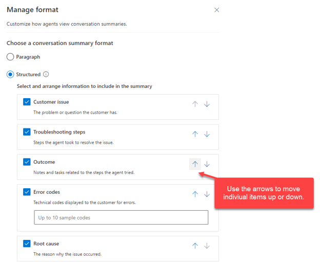 Screenshot highlighting the arrows next to information to include in the summary, which allow you to change the order.
