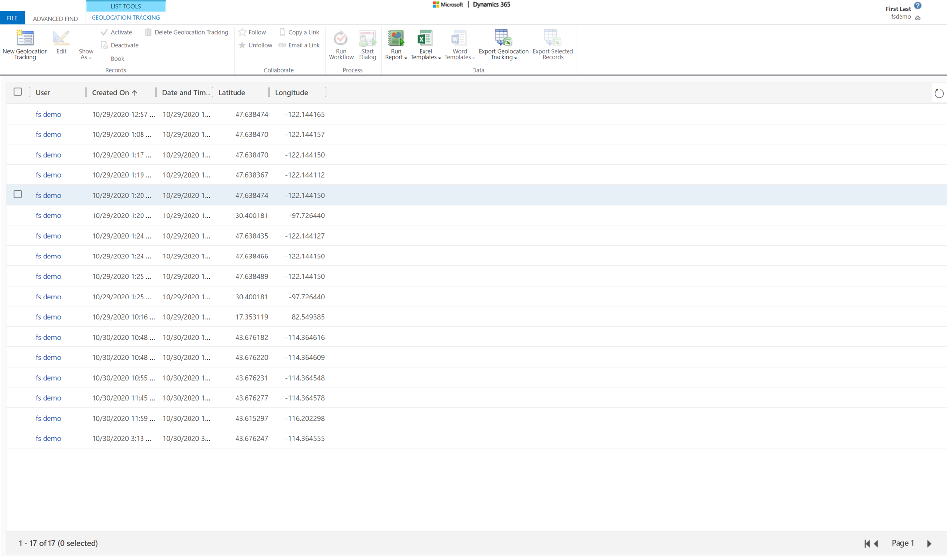 Screenshot of the Advanced Find feature in Field Service, showing a location audit for one user.