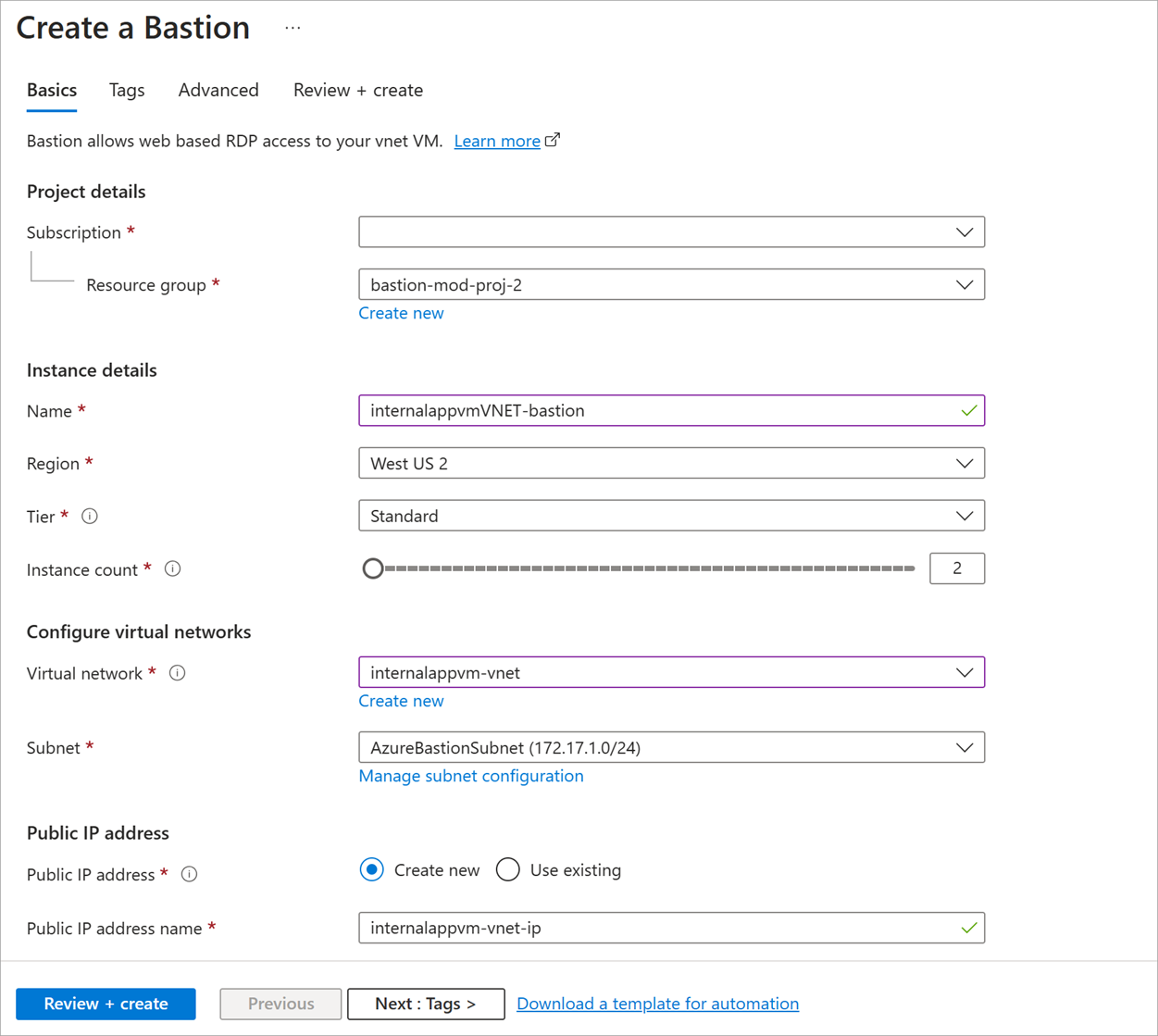 Screenshot of the Create a Bastion page with fields filled out by default, like Azure Bastion resource name, subnet, and create public IP address.