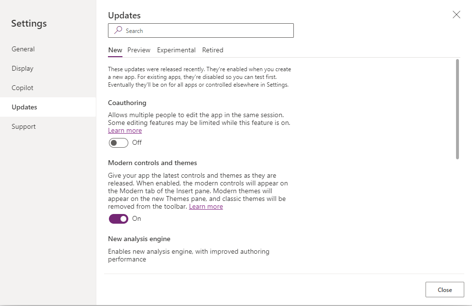 Screenshot of the Updates menu in the Settings.