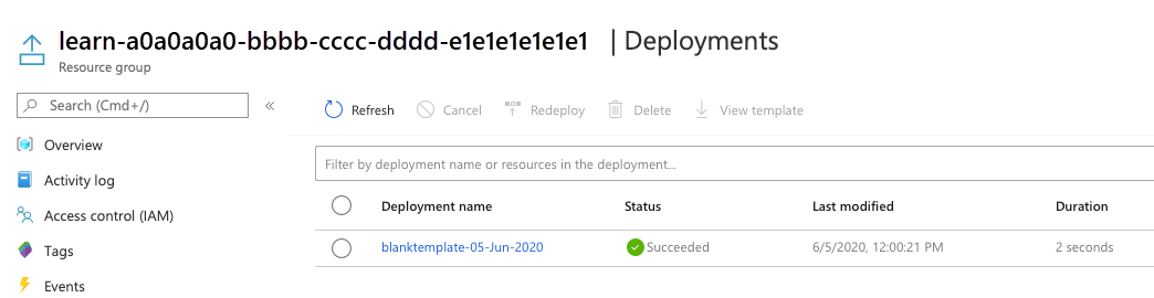Azure portal interface for the deployments with the one deployment listed and a succeeded status.
