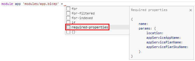 Screenshot of Visual Studio Code that shows the option to scaffold a module with its required properties.