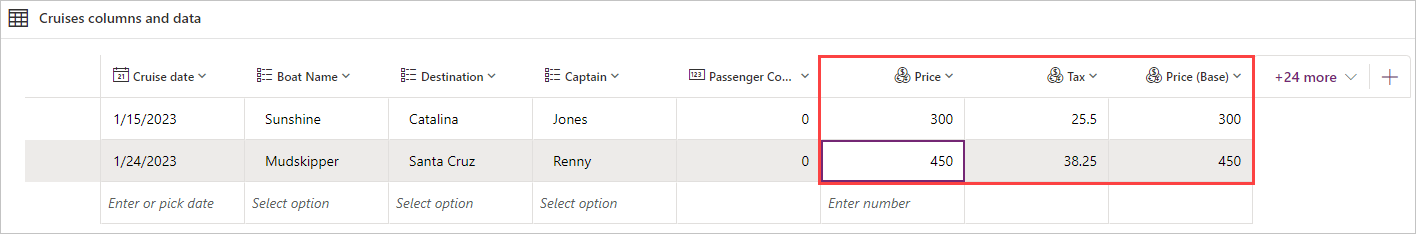Screenshot of the columns and data with some test data entered in and a highlight box around the Price, Tax and Price (Base) columns.