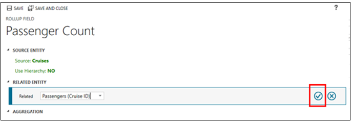 Screenshot of the rollup definition screen with the check mark button.