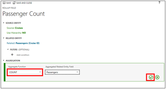Screenshot of the Aggregate Function Count and the check mark button selected.