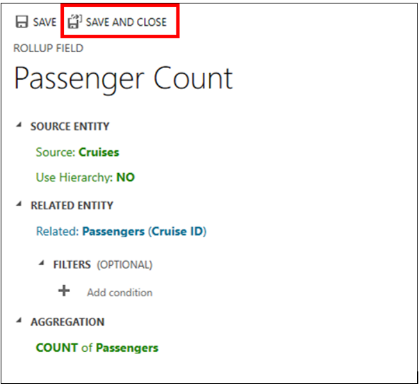 Screenshot of the Save and Close button to save the rollup.