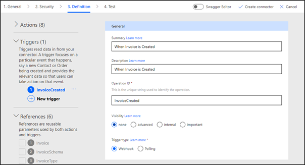 Screenshot of the definition step in a custom connector wizard. In this example, a new trigger "When invoice is created" is defined.