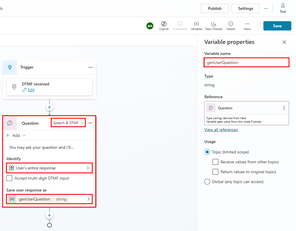 Screenshot of Question node for DTMF trigger generative answer topic.