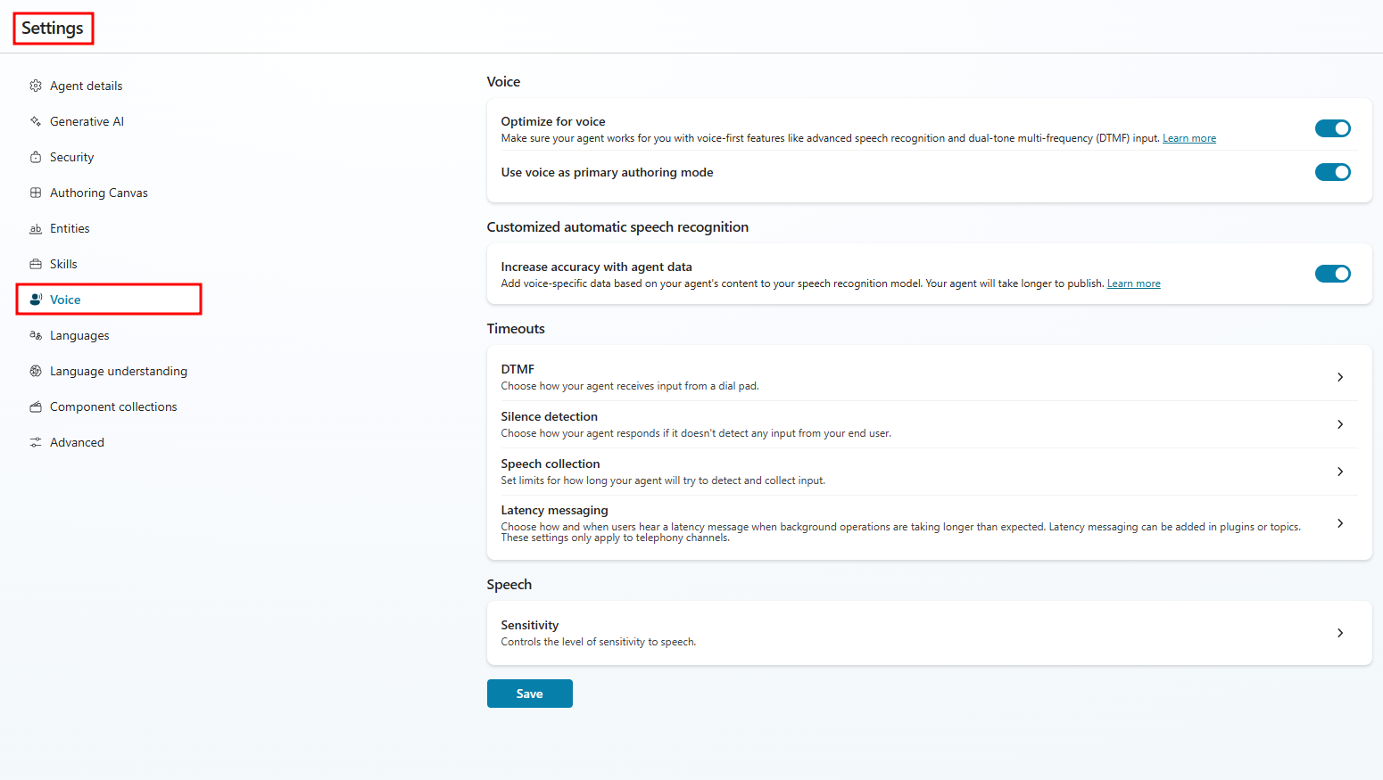 Screenshot of Voice settings in Copilot Studio.