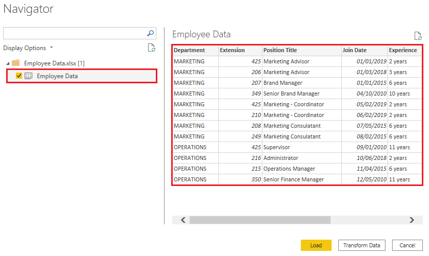 Screenshot of the Navigator window in Power B I Desktop.