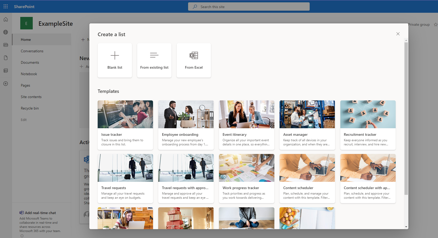 Screenshot of the Create a list page in SharePoint showing the From Excel option.