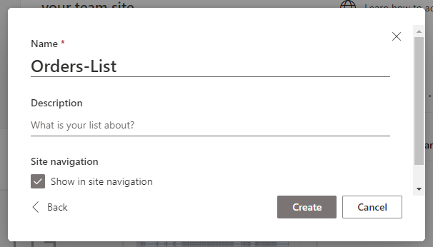 Screenshot of the Name set to Orders-List.