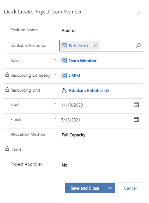 Screenshot of the Quick Create: Project Team Member dialog box.