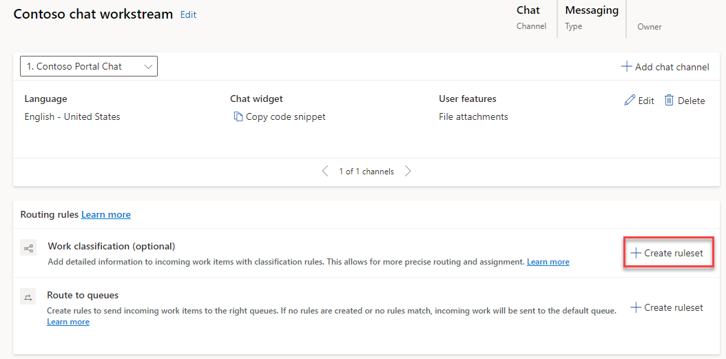 Screenshot of a workstream with the Create ruleset button.