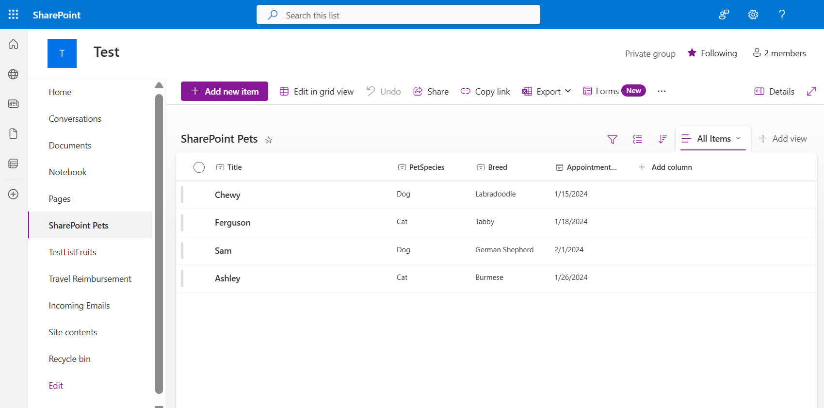 Screenshot showing SharePoint list of Pets.