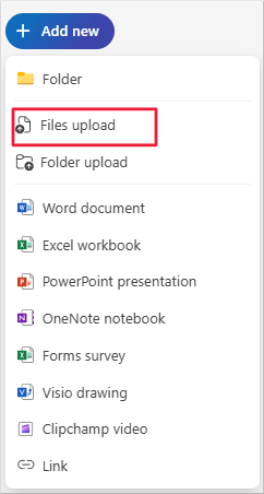 Screenshot of the OneDrive files interface with files upload highlighted.