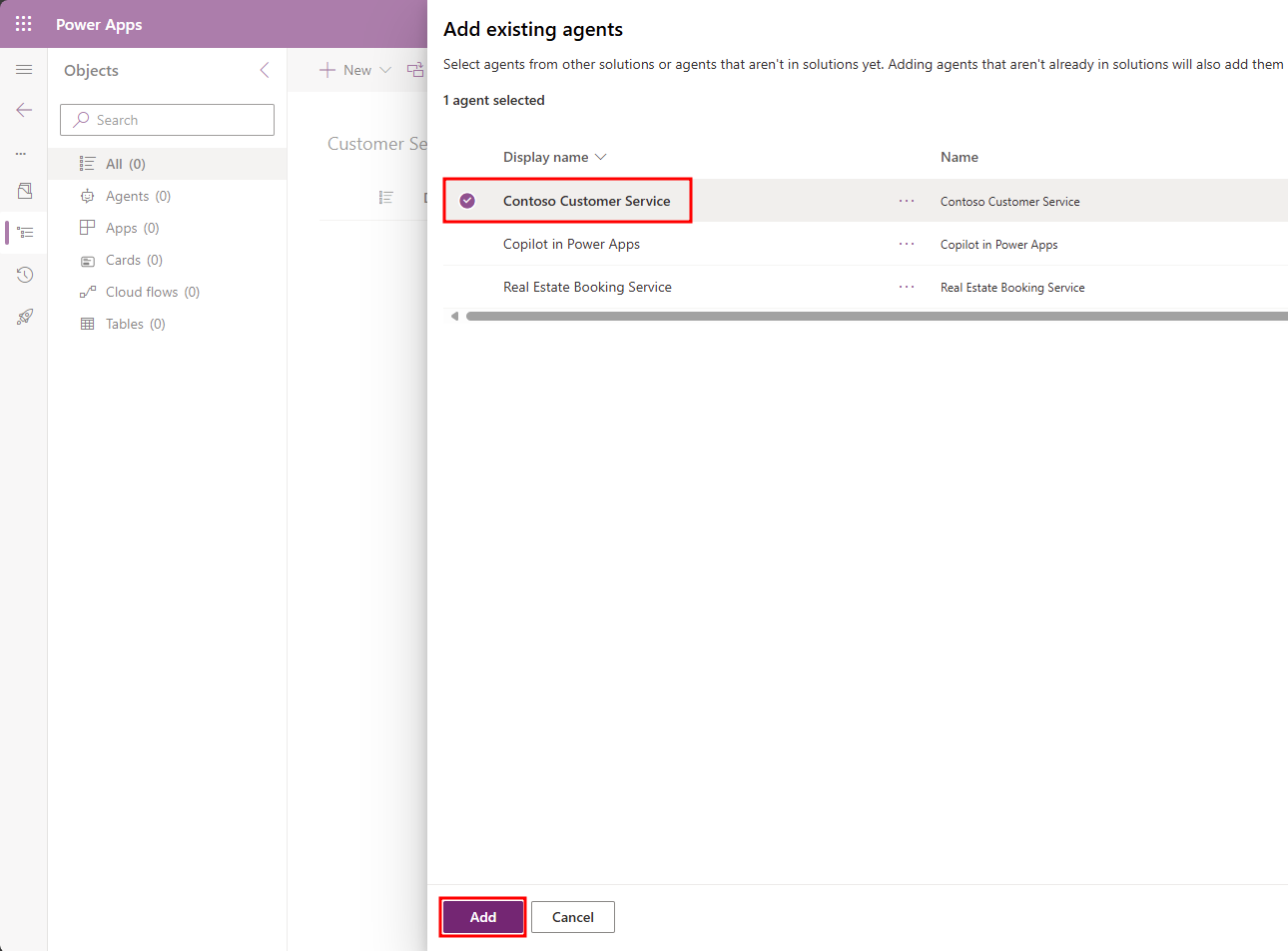 Screenshot of Power Apps Add existing agents dialog showing the list of existing agents.