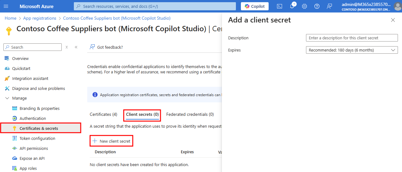 Screenshot of Microsoft Entra ID a client secret dialog with description set to Microsoft Copilot Studio and expires set to 12 months.