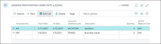 Screenshot of the Absence Registration page in Business Central.