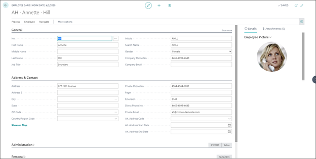 Screenshot of the Employee Card page in Business Central.