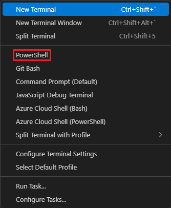Screenshot that shows the select shell list in the Visual Studio Code terminal window.