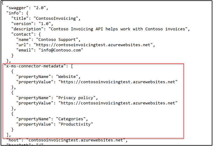 Screenshot of connector metadata added after the info with a comma at the end of the info section.