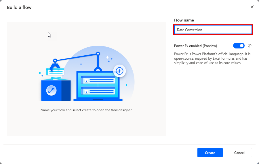 Screenshot of the Build a flow dialog box.
