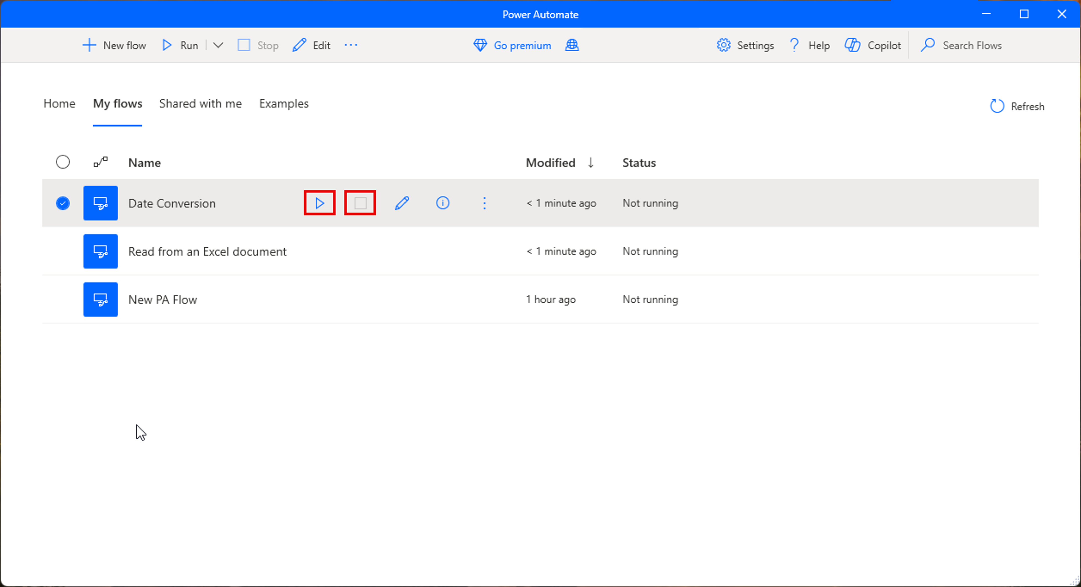 Screenshot of the run button in the console.