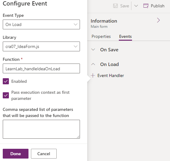 Screenshot of the configure event window.