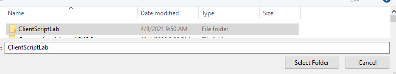 Screenshot of the client script lab folder and select folder button.