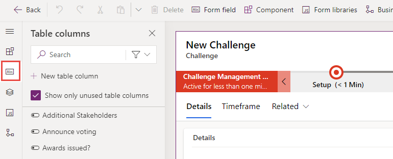 Screenshot of the table columns tab.
