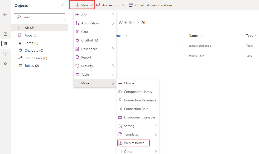 Screenshot of the add new web resource button.