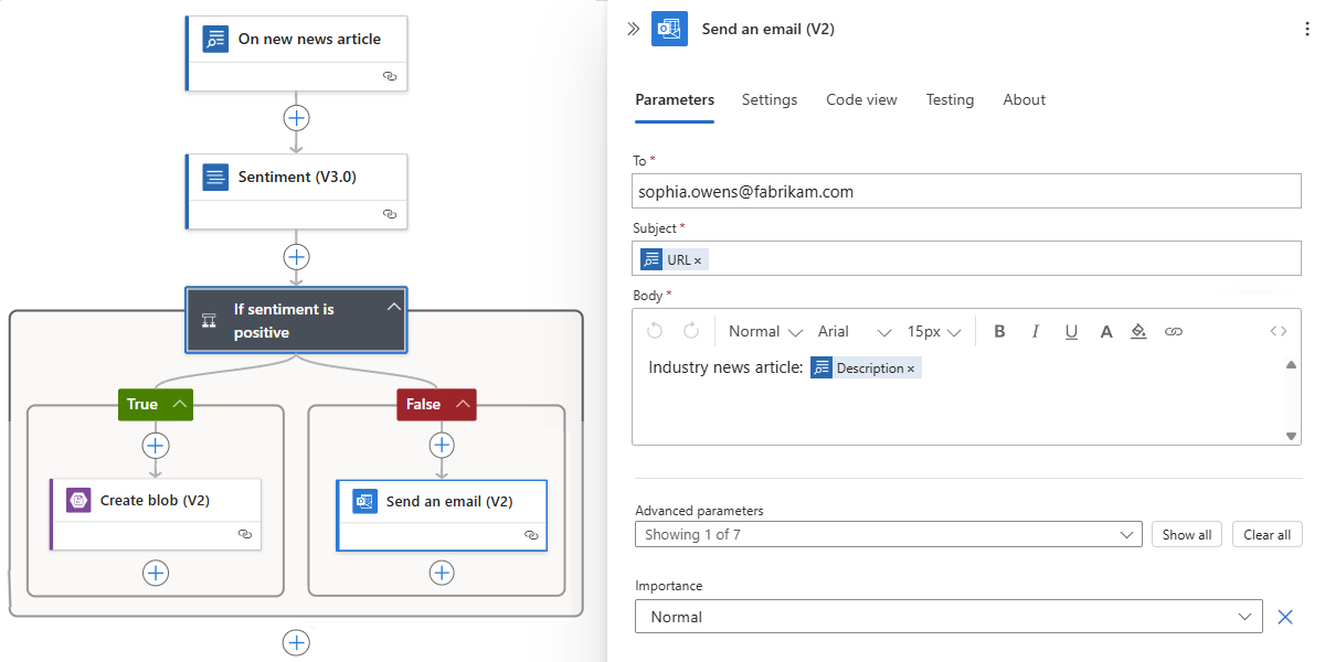Screenshot shows Send an email action with Bing Search trigger outputs.