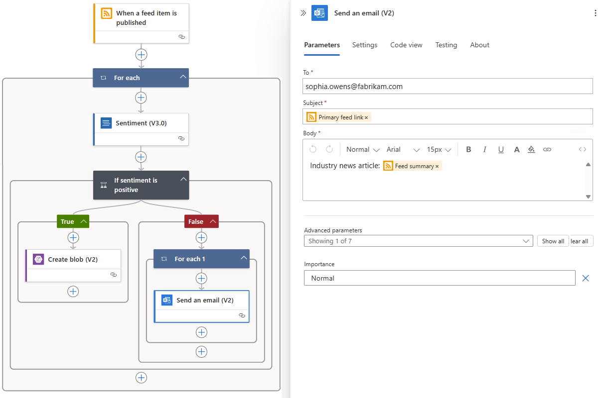 Screenshot shows Send an email action with RSS trigger outputs.