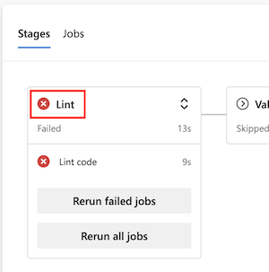 Screenshot of a pipeline run in Azure DevOps. The name of the Lint stage is highlighted.